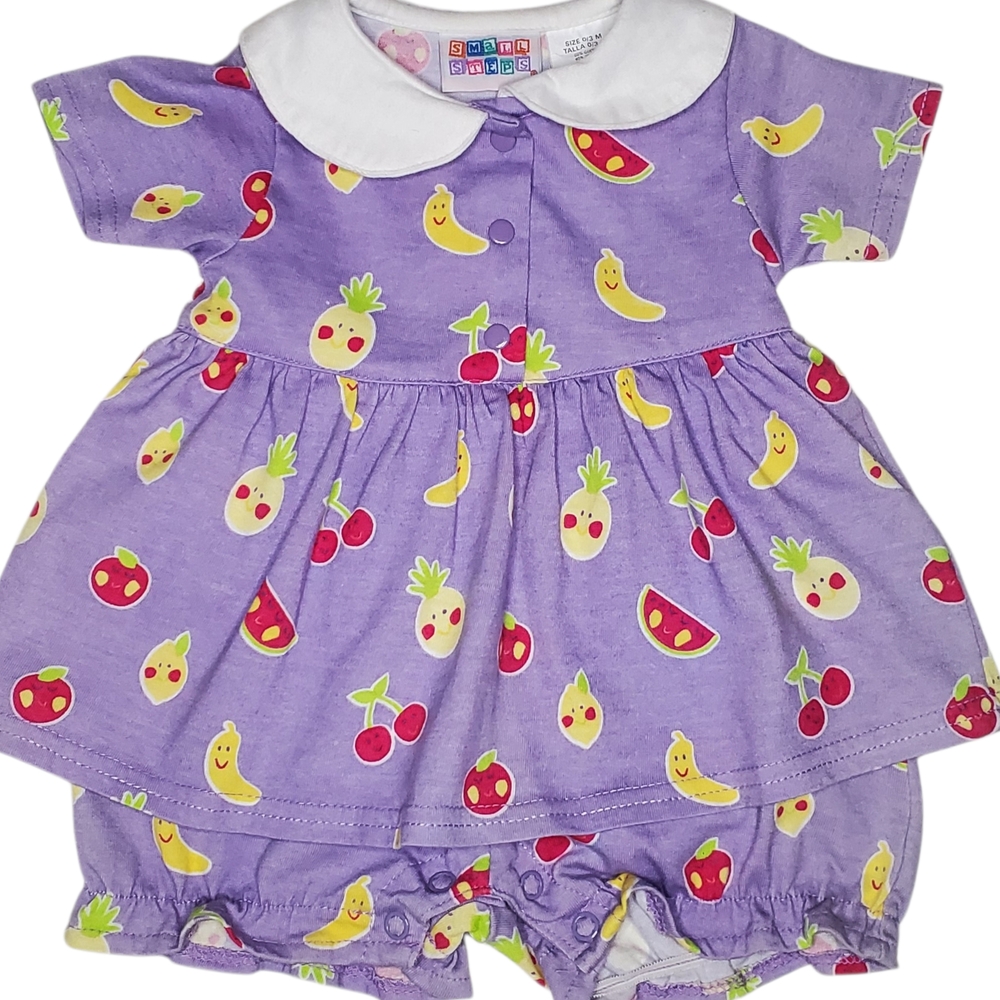 Vintage Small Steps Bubble Romper Dress  Fruit Print Lilac Baby Girls 0–3 Months